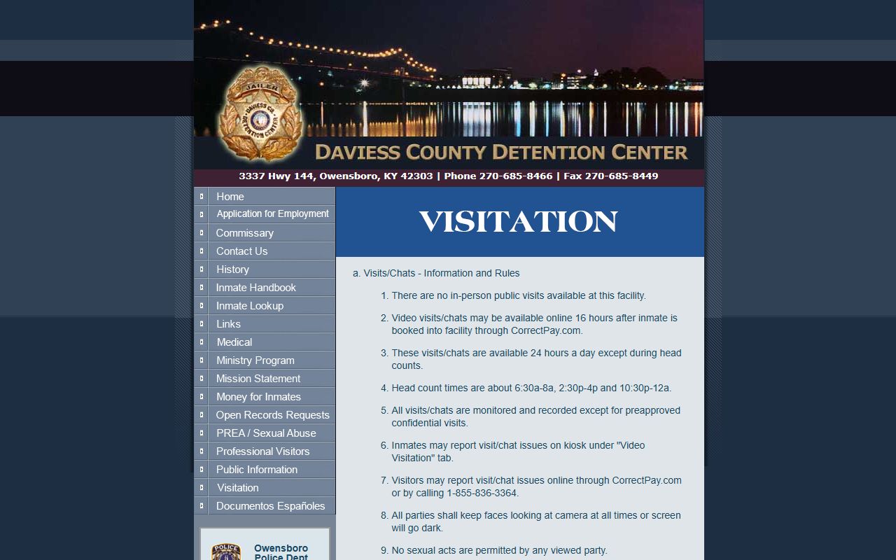 Daviess County Detention Center visitation inmate lookup rules